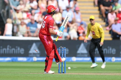 290726 - Welsh Fire Men v Trent Rockets Men, The Hundred - Joe Root of Welsh Fire reacts as he is dismissed