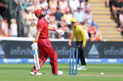 290726 - Welsh Fire Men v Trent Rockets Men, The Hundred - Joe Root of Welsh Fire reacts as he is dismissed