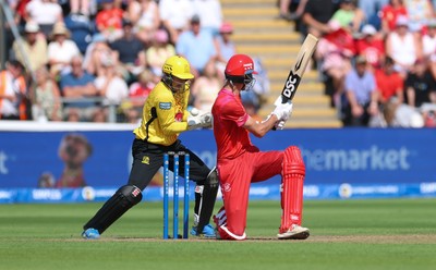 290726 - Welsh Fire Men v Trent Rockets Men, The Hundred - Sam Billings of Trent Rockets celebrates as Marco Jansen of Welsh Fire is dismissed