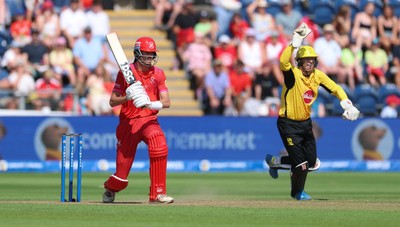290726 - Welsh Fire Men v Trent Rockets Men, The Hundred - Sam Billings of Trent Rockets celebrates as Marco Jansen of Welsh Fire is dismissed