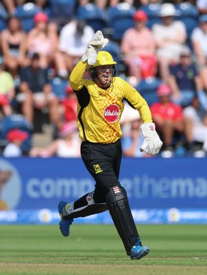 290726 - Welsh Fire Men v Trent Rockets Men, The Hundred - Sam Billings of Trent Rockets celebrates as Marco Jansen of Welsh Fire is dismissed