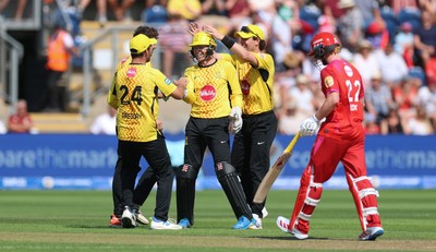 290726 - Welsh Fire Men v Trent Rockets Men, The Hundred - Sam Billings of Trent Rockets celebrates as Marco Jansen of Welsh Fire is dismissed