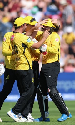 290726 - Welsh Fire Men v Trent Rockets Men, The Hundred - Sam Billings of Trent Rockets celebrates as Marco Jansen of Welsh Fire is dismissed