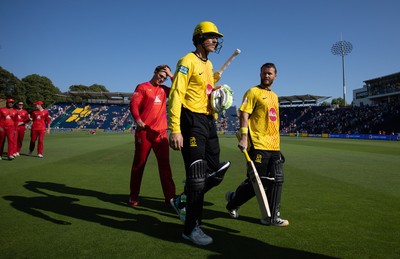 290726 - Welsh Fire Men v Trent Rockets Men, The Hundred - Tom Banton of Trent Rockets and Ben Duckett of Trent Rockets leave the pitch after winning the match