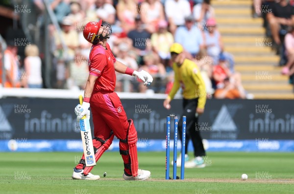 290726 - Welsh Fire Men v Trent Rockets Men, The Hundred - Joe Root of Welsh Fire reacts as he is dismissed
