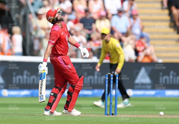 290726 - Welsh Fire Men v Trent Rockets Men, The Hundred - Joe Root of Welsh Fire reacts as he is dismissed