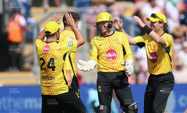 290726 - Welsh Fire Men v Trent Rockets Men, The Hundred - Sam Billings of Trent Rockets celebrates as Marco Jansen of Welsh Fire is dismissed