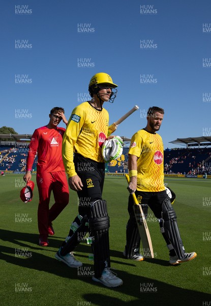 290726 - Welsh Fire Men v Trent Rockets Men, The Hundred - Tom Banton of Trent Rockets and Ben Duckett of Trent Rockets leave the pitch after winning the match
