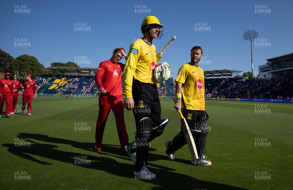 290726 - Welsh Fire Men v Trent Rockets Men, The Hundred - Tom Banton of Trent Rockets and Ben Duckett of Trent Rockets leave the pitch after winning the match