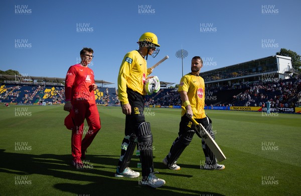 290726 - Welsh Fire Men v Trent Rockets Men, The Hundred - Tom Banton of Trent Rockets and Ben Duckett of Trent Rockets leave the pitch after winning the match