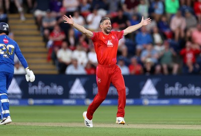 250726 - Welsh Fire v MI London - The Hundred - Chris Woakes of Welsh Fire appeals for a wicket