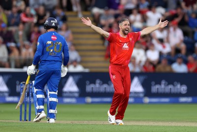 250726 - Welsh Fire v MI London - The Hundred - Chris Woakes of Welsh Fire appeals for a wicket
