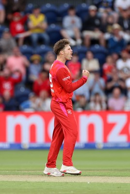 250726 - Welsh Fire v MI London - The Hundred - Lockie Ferguson of Welsh Fire celebrates taking the wicket of Jason Roy of MI London