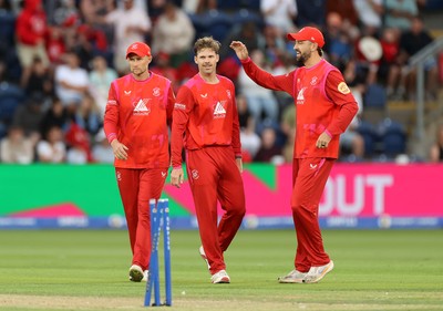 250726 - Welsh Fire v MI London - The Hundred - Lockie Ferguson of Welsh Fire celebrates taking the wicket of Jason Roy of MI London