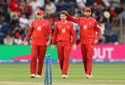 250726 - Welsh Fire v MI London - The Hundred - Lockie Ferguson of Welsh Fire celebrates taking the wicket of Jason Roy of MI London