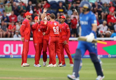 250726 - Welsh Fire v MI London - The Hundred - Jordan Cox of Welsh Fire celebrates with team mates after catching the ball to dismiss Sam Curran off the bowling of Lockie Ferguson