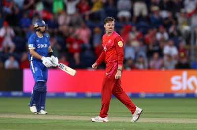 250726 - Welsh Fire v MI London - The Hundred - Lockie Ferguson of Welsh Fire celebrates taking the wicket of Tom Curran