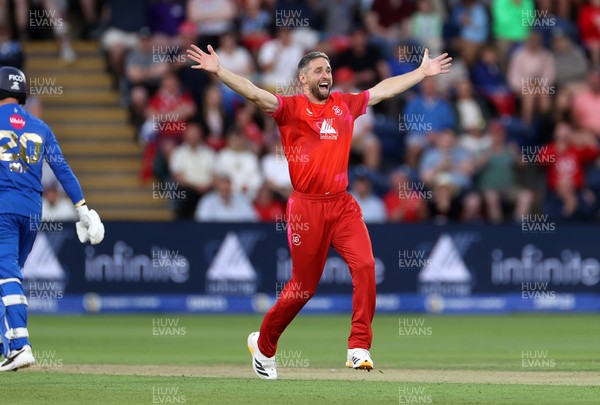 250726 - Welsh Fire v MI London - The Hundred - Chris Woakes of Welsh Fire appeals for a wicket