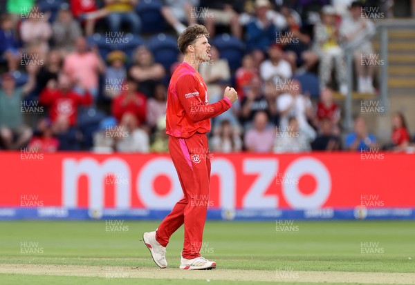 250726 - Welsh Fire v MI London - The Hundred - Lockie Ferguson of Welsh Fire celebrates taking the wicket of Jason Roy of MI London