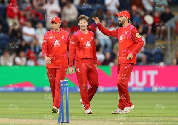 250726 - Welsh Fire v MI London - The Hundred - Lockie Ferguson of Welsh Fire celebrates taking the wicket of Jason Roy of MI London