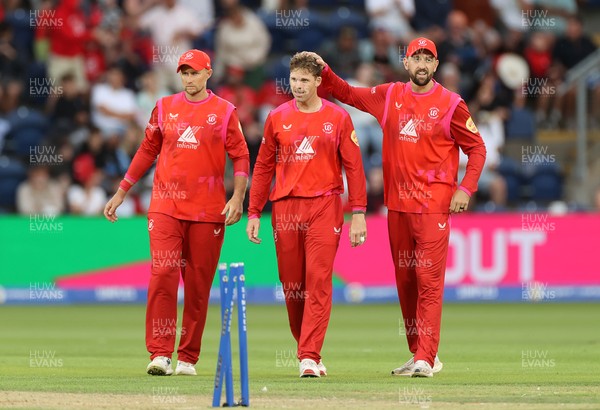 250726 - Welsh Fire v MI London - The Hundred - Lockie Ferguson of Welsh Fire celebrates taking the wicket of Jason Roy of MI London