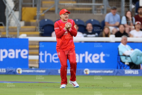 250726 - Welsh Fire v MI London - The Hundred - Jordan Cox of Welsh Fire catches the ball to dismiss Sam Curran of MI London 