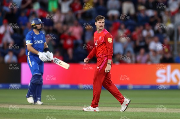 250726 - Welsh Fire v MI London - The Hundred - Lockie Ferguson of Welsh Fire celebrates taking the wicket of Tom Curran