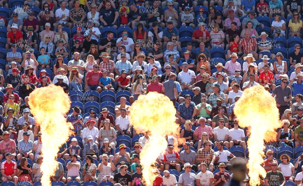 070822 - Welsh Fire v Oval Invincibles, The Hundred - The crowd look on as the pyrotechnics indicate the start of the match