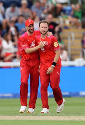 030826 - Welsh Fire v Southern Brave - The Hundred - Sam Cook of Welsh Fire celebrates taking the wicket of Nikhil Chaudhary, caught by Phil Salt