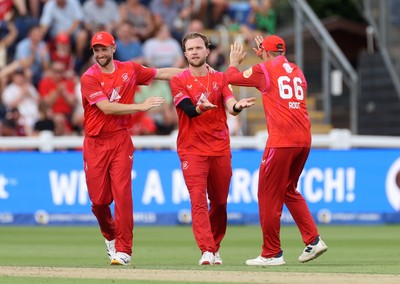 030826 - Welsh Fire v Southern Brave - The Hundred - Sam Cook of Welsh Fire celebrates taking the wicket of Nikhil Chaudhary, caught by Phil Salt