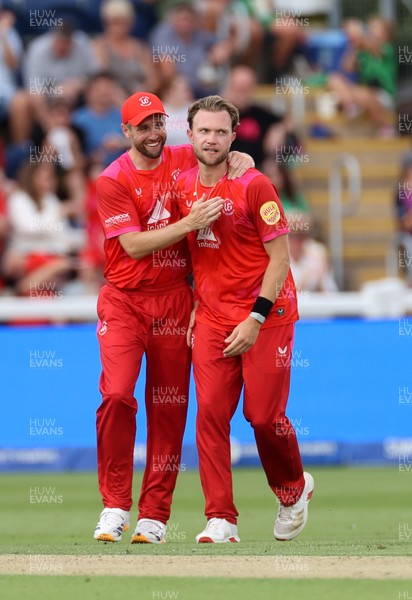 030826 - Welsh Fire v Southern Brave - The Hundred - Sam Cook of Welsh Fire celebrates taking the wicket of Nikhil Chaudhary, caught by Phil Salt