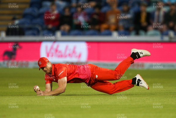 060821 - Welsh Fire v Trent Rockets, The Hundred - Jimmy Neesham of Welsh Fire dives to catch Dawid Malan of Trent Rockets