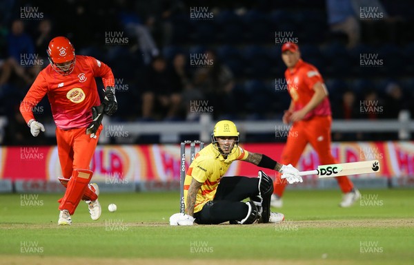 060821 - Welsh Fire v Trent Rockets, The Hundred - Alex Hales of Trent Rockets slips as he tries to take avoiding action from the ball as he goes to play a shot