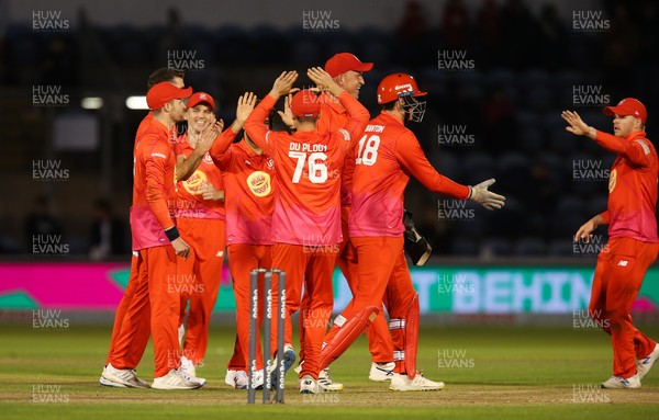 060821 - Welsh Fire v Trent Rockets, The Hundred - Welsh Fire celebrate taking the wicket of Alex Hales of Trent Rockets