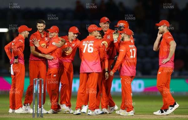 060821 - Welsh Fire v Trent Rockets, The Hundred - Welsh Fire celebrate taking the wicket of Alex Hales of Trent Rockets