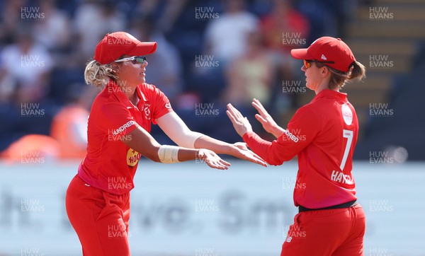 130822 - Welsh Fire Women v Birmingham Phoenix Women, The Hundred - Rachael Haynes of Welsh Fire celebrates with Katie George of Welsh Fire after catching out Ellyse Perry of Birmingham Phoenix