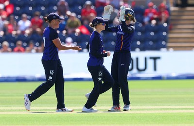 120826 - Welsh Fire Women v London Spirit Women, The Hundred -London Spirit celebrate after taking the wicket of Freya Kemp of Welsh Fire