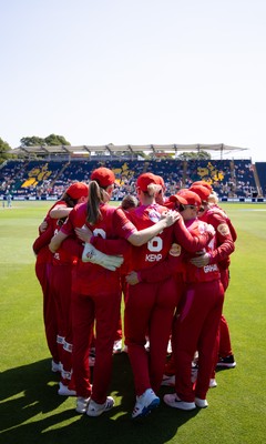 120826 - Welsh Fire Women v London Spirit Women, The Hundred - Welsh Fire huddle up as they look to defend their total off 138