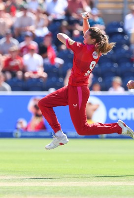120826 - Welsh Fire Women v London Spirit Women, The Hundred - Grace Potts of Welsh Fire bowls as she looks to take a third wicket in 3 balls