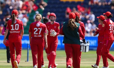 120826 - Welsh Fire Women v London Spirit Women, The Hundred - Welsh Fire celebrate as they take the wicket of Charis Pavely of London Spirit