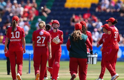 120826 - Welsh Fire Women v London Spirit Women, The Hundred - Welsh Fire celebrate as they take the wicket of Charis Pavely of London Spirit