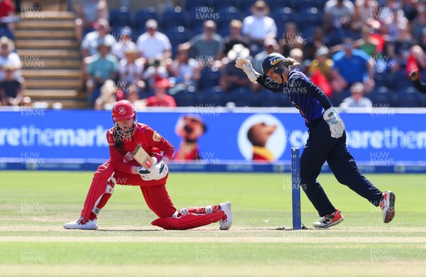 120826 - Welsh Fire Women v London Spirit Women, The Hundred - Amy Jones of London Spirit celebrates as Sarah Bryce of Welsh Fire is bowled out by Nadine de Klerk of London Spirit