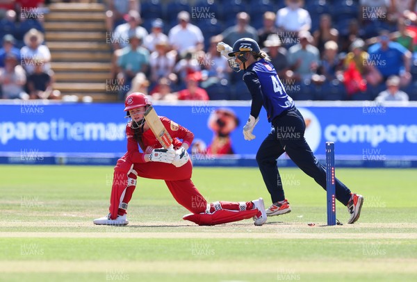 120826 - Welsh Fire Women v London Spirit Women, The Hundred - Amy Jones of London Spirit celebrates as Sarah Bryce of Welsh Fire is bowled out by Nadine de Klerk of London Spirit