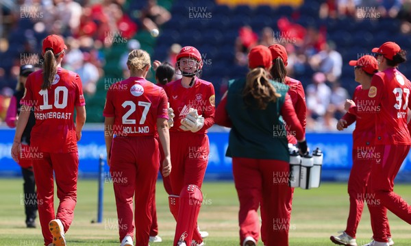 120826 - Welsh Fire Women v London Spirit Women, The Hundred - Welsh Fire celebrate as they take the wicket of Charis Pavely of London Spirit