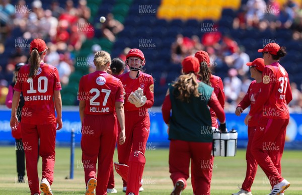 120826 - Welsh Fire Women v London Spirit Women, The Hundred - Welsh Fire celebrate as they take the wicket of Charis Pavely of London Spirit