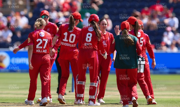 120826 - Welsh Fire Women v London Spirit Women, The Hundred - Welsh Fire celebrate as they take the wicket of Charis Pavely of London Spirit