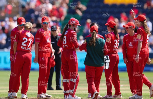 120826 - Welsh Fire Women v London Spirit Women, The Hundred - Welsh Fire celebrate as they take the wicket of Charis Pavely of London Spirit