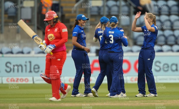 180821 - Welsh Fire Women v London Spirit Women,  The Hundred - London Spirit players celebrate taking the wicket of Bryony Smith of Welsh Fire