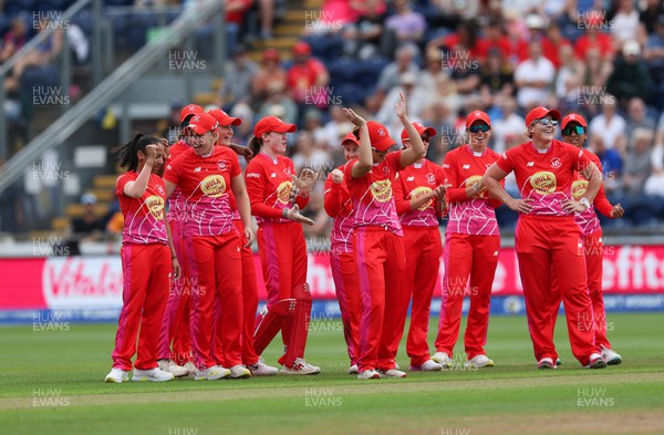 200823 - Welsh Fire Women v London Spirit Women, The Hundred - Shabnim Ismail of Welsh Fire celebrates with team mates after the player review and taking the wicket of Grace Harris of London Spirit