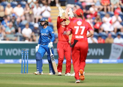 250726 - Welsh Fire Women v MI London Women - The Hundred - Rhianna Southby of Welsh Fire celebrates after Danni Wyatt-Hodge was bowled by Grace Potts